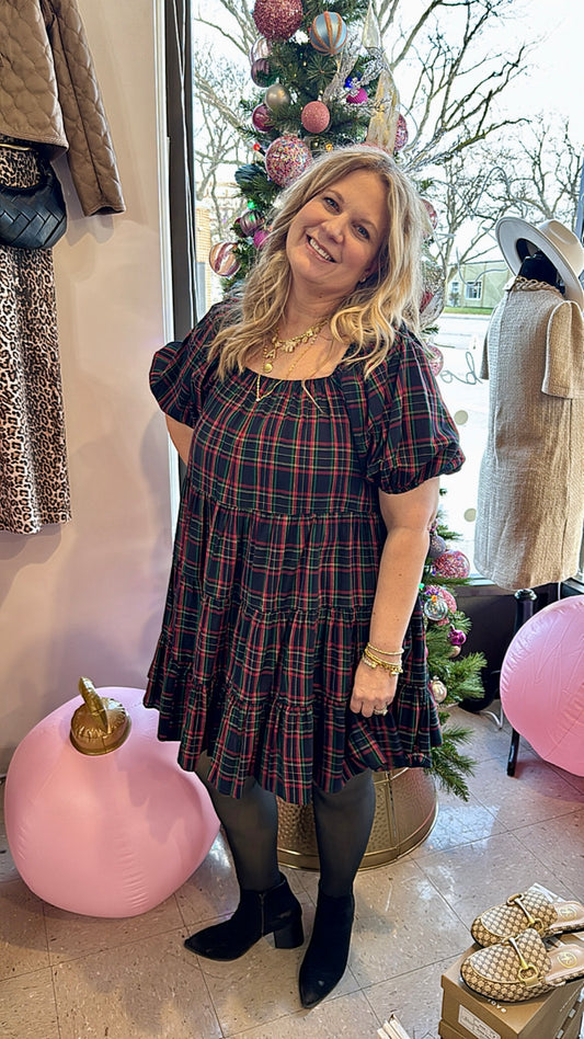 Plaid Puff Sleeve Tiered Midi Dress