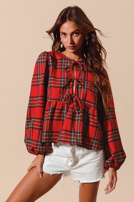 Front Tie Xmas Plaid Blouse