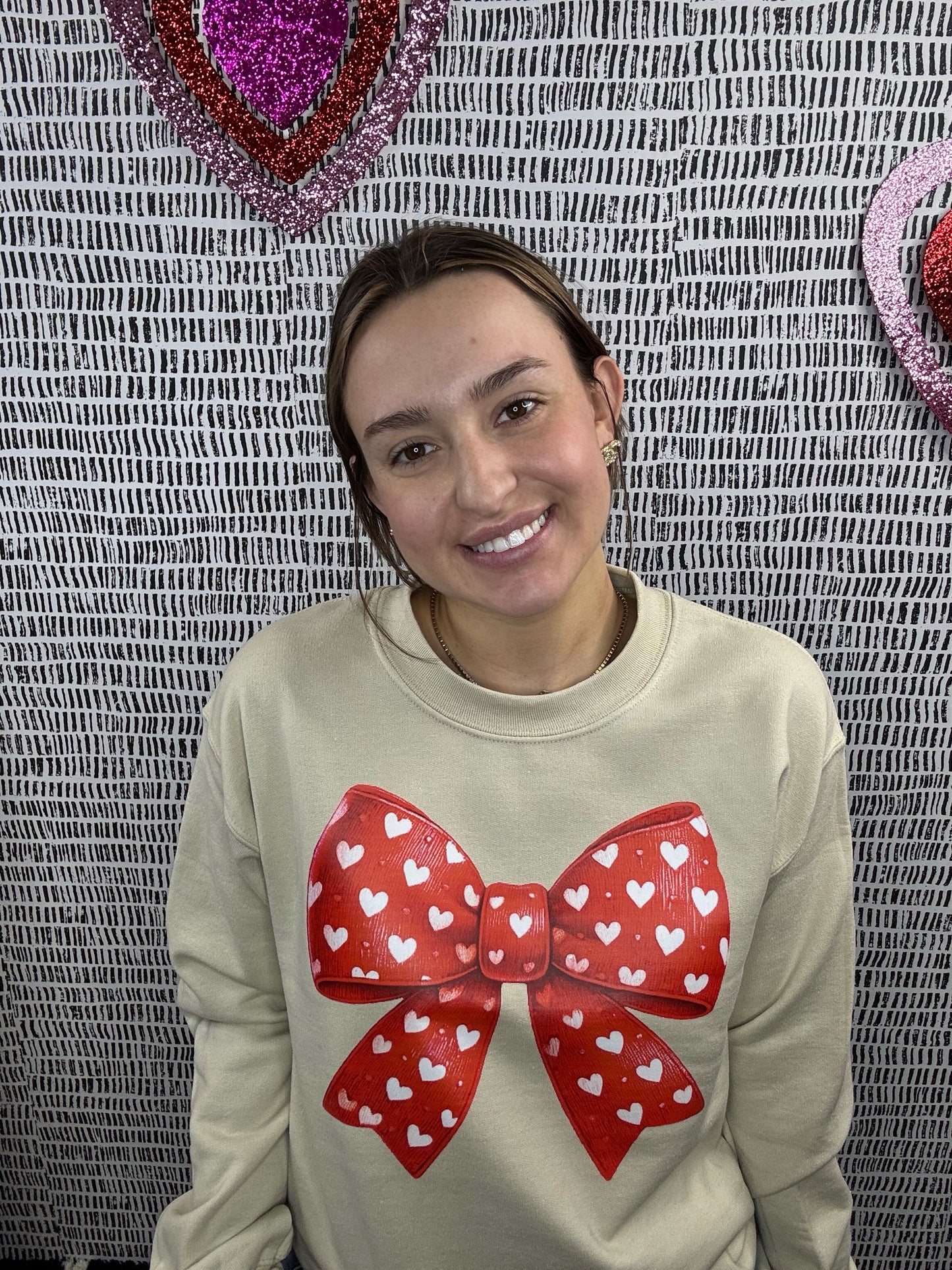 Red Bow White Hearts Tan Sweatshirt