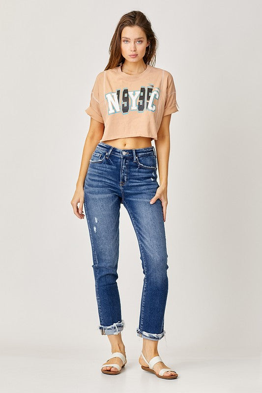 Risen High-Rise Cuffed Straight Jeans
