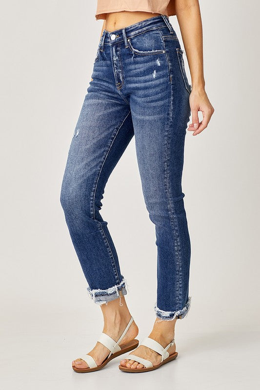 Risen High-Rise Cuffed Straight Jeans