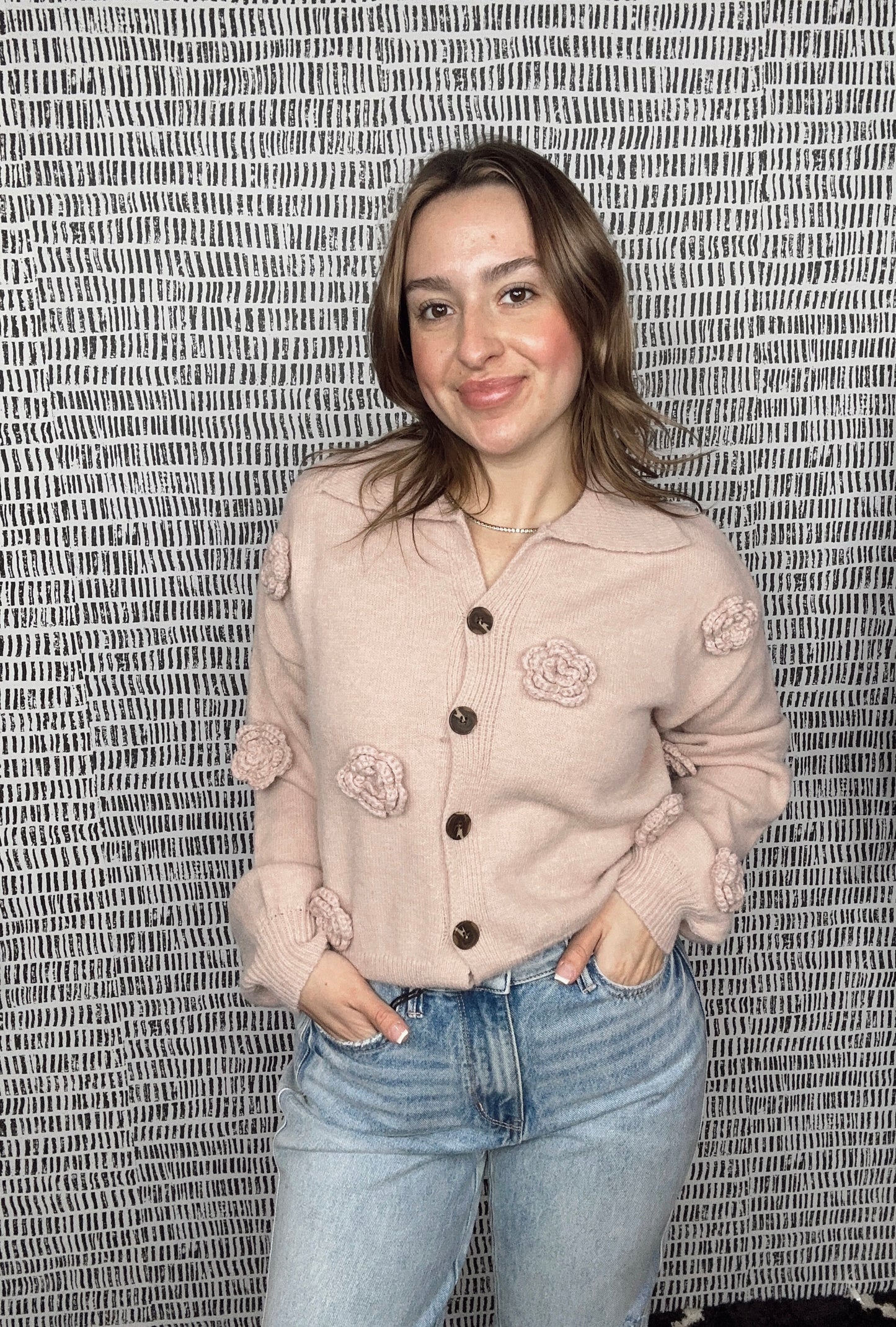 Floral Embroidery Button Down Collar Knit Cardigan