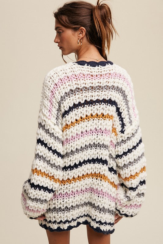 Striped Hand Knit Slouchy Open Cardigan