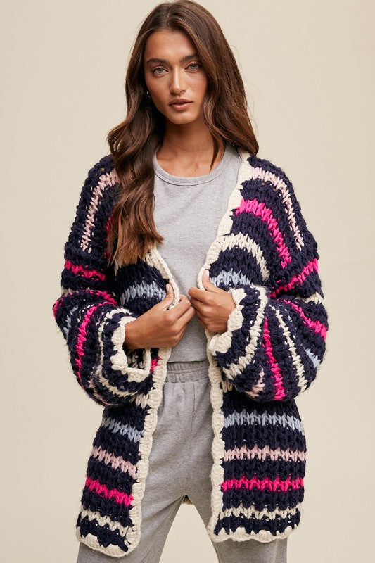 Striped Hand Knit Slouchy Open Cardigan