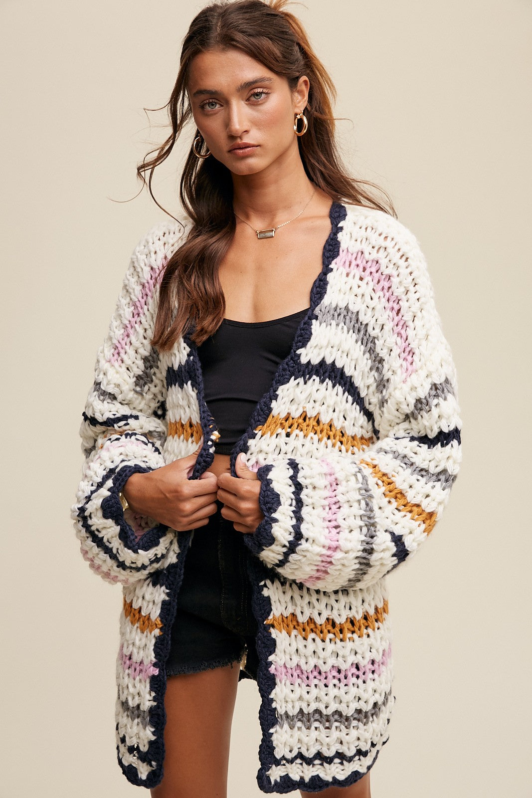 Striped Hand Knit Slouchy Open Cardigan