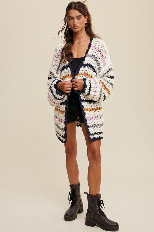 Striped Hand Knit Slouchy Open Cardigan