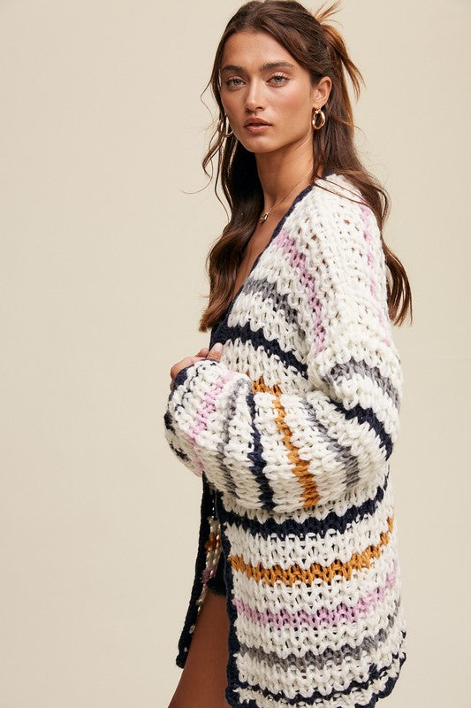 Striped Hand Knit Slouchy Open Cardigan