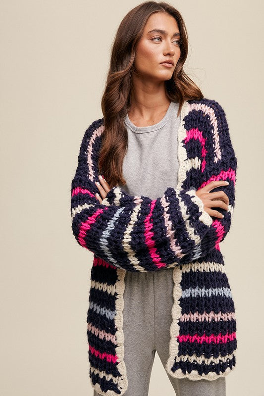 Striped Hand Knit Slouchy Open Cardigan