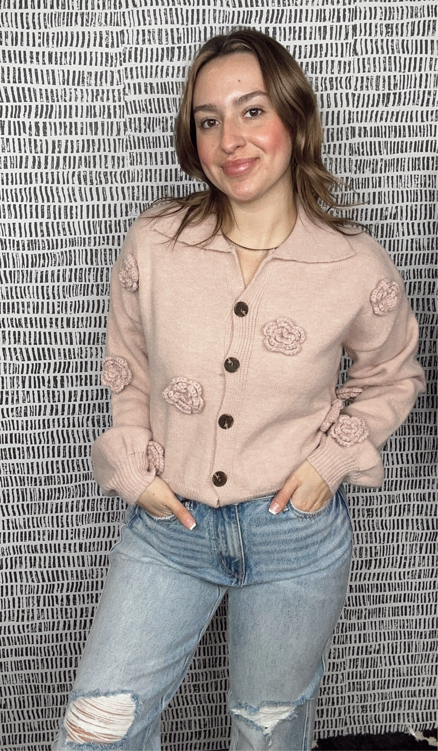 Floral Embroidery Button Down Collar Knit Cardigan