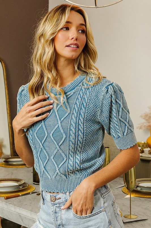 Vintage Washed Cable Knit Sweater Top