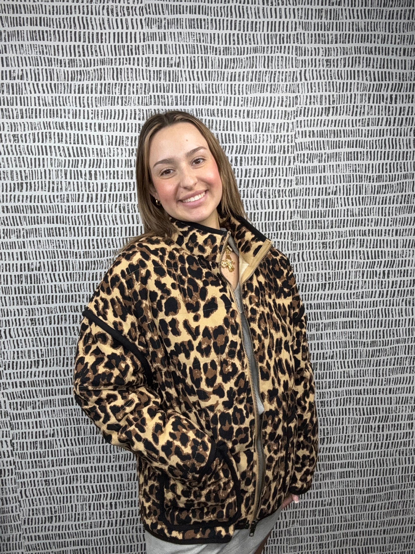 Leopard Piping Puffer Jacket