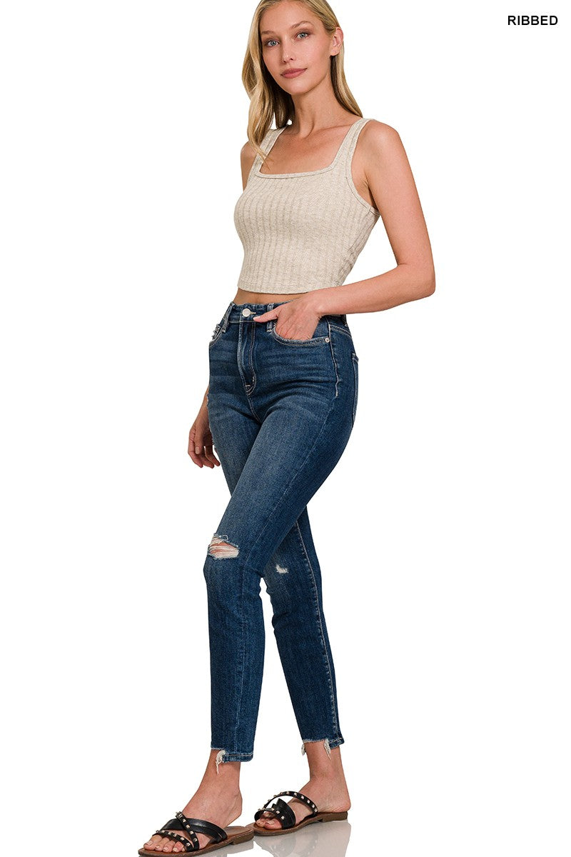 Ribbed Square Neck Cropped Tank Top