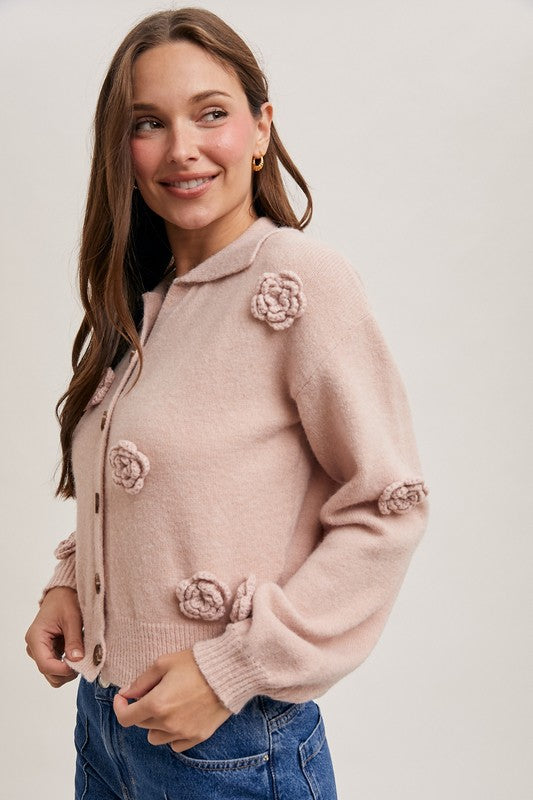 Floral Embroidered Collar Knit Cardi