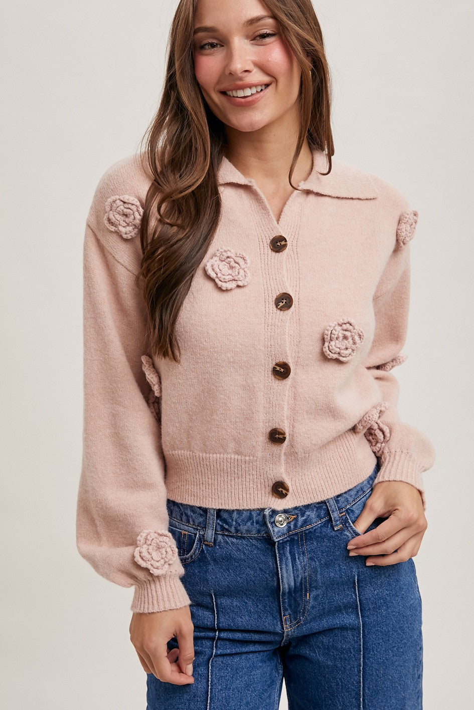 Floral Embroidered Collar Knit Cardi