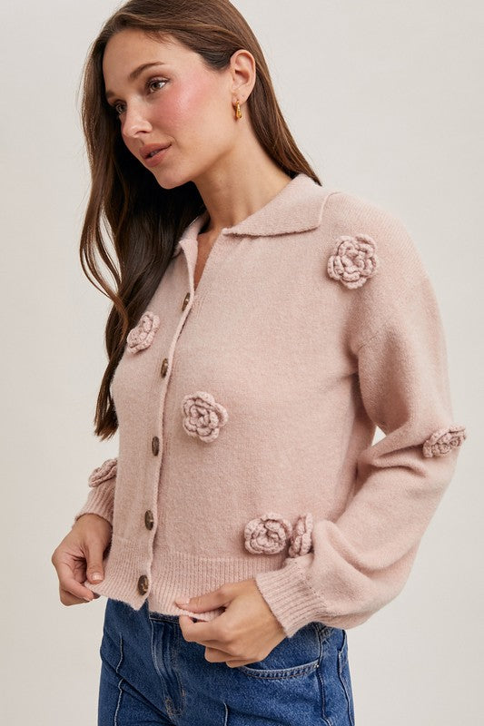 Floral Embroidered Collar Knit Cardi
