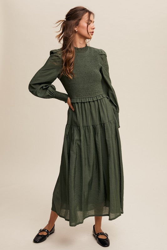 Smocked Bodice Ruffled Maxi Dress