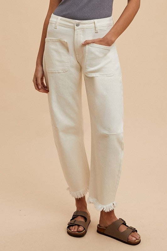 Maylen Fray Hem Stretch Slim Barrel Jean
