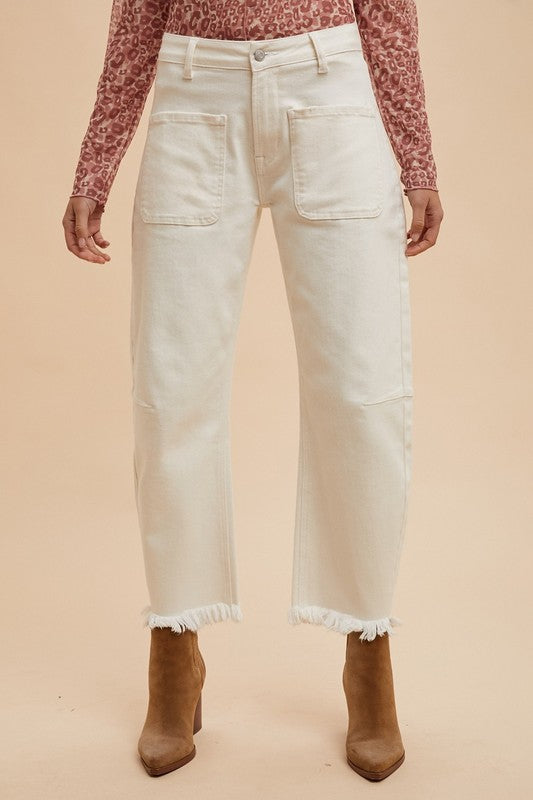 Maylen Fray Hem Stretch Slim Barrel Jean