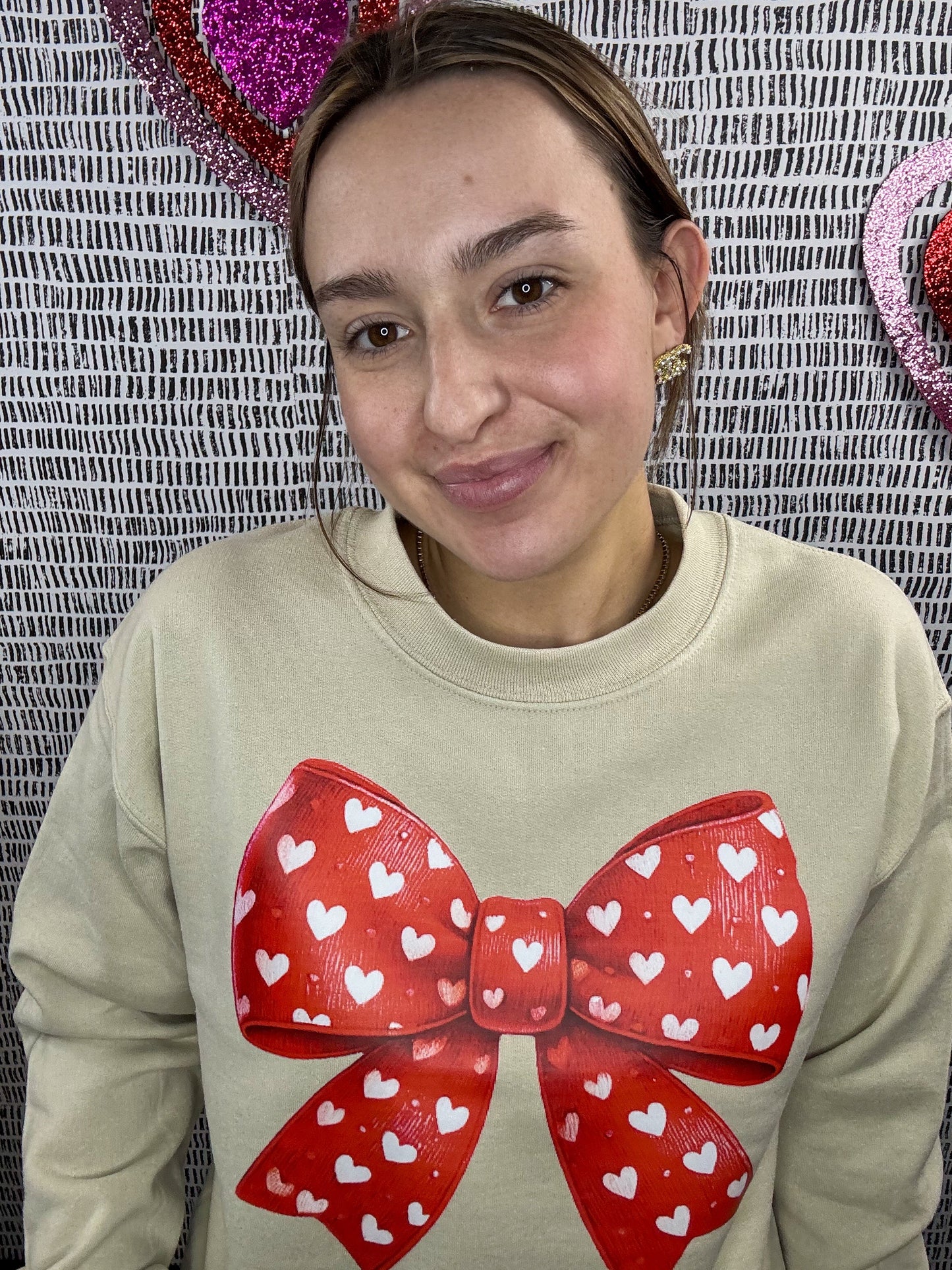 Red Bow White Hearts Tan Sweatshirt