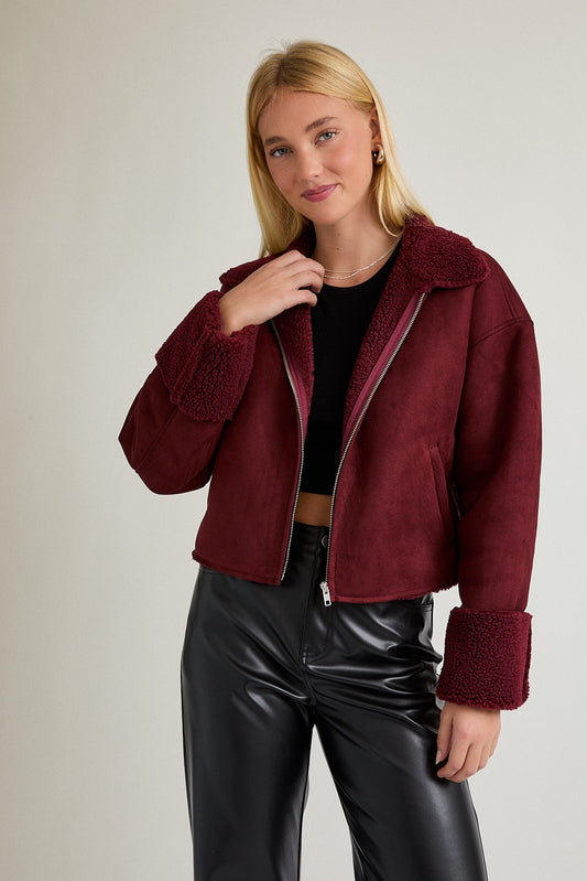 Wine Fur Contrast Zip Up Suede Jacket