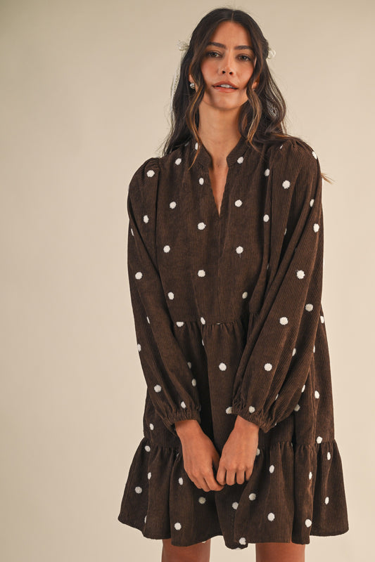 Penny Pom-pom Dot Corduroy Tiered Mini Dress