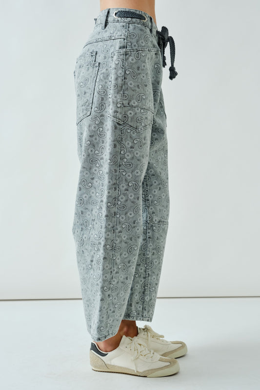 Paisley Barrel Denim Pants With Eyelet Waist