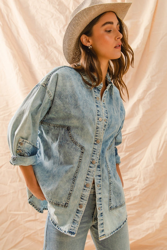 Willie Washed Denim Button Down Shirt Top