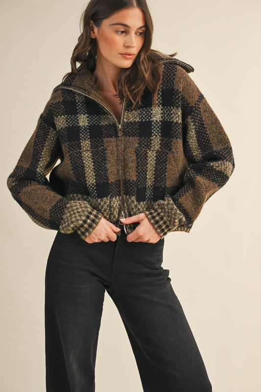 Chelly Checkered Fuzzy Sweater Crop Jacket
