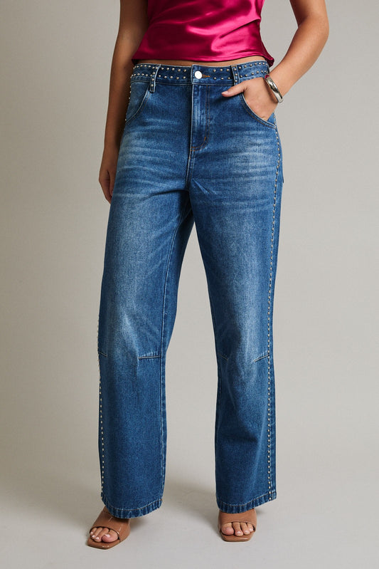 Ashtin Mid-rise Denim Pants With Stud Detail