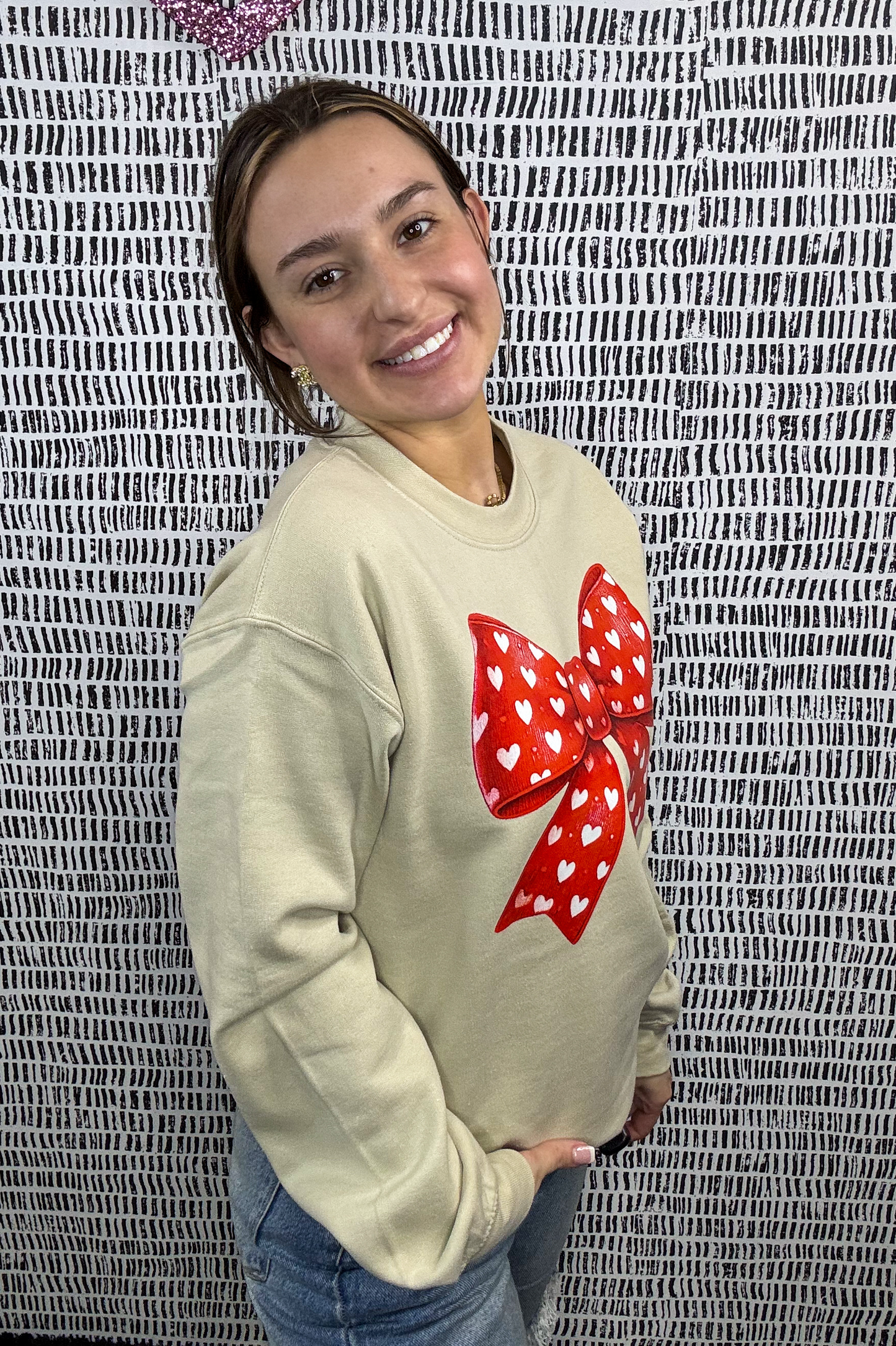 Red Bow White Hearts Tan Sweatshirt