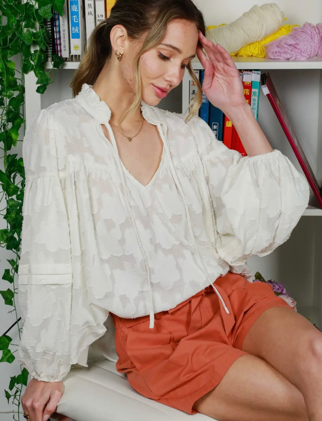 Ruffled Floral Jacquard Blouse