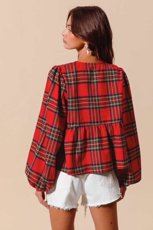 Front Tie Xmas Plaid Blouse