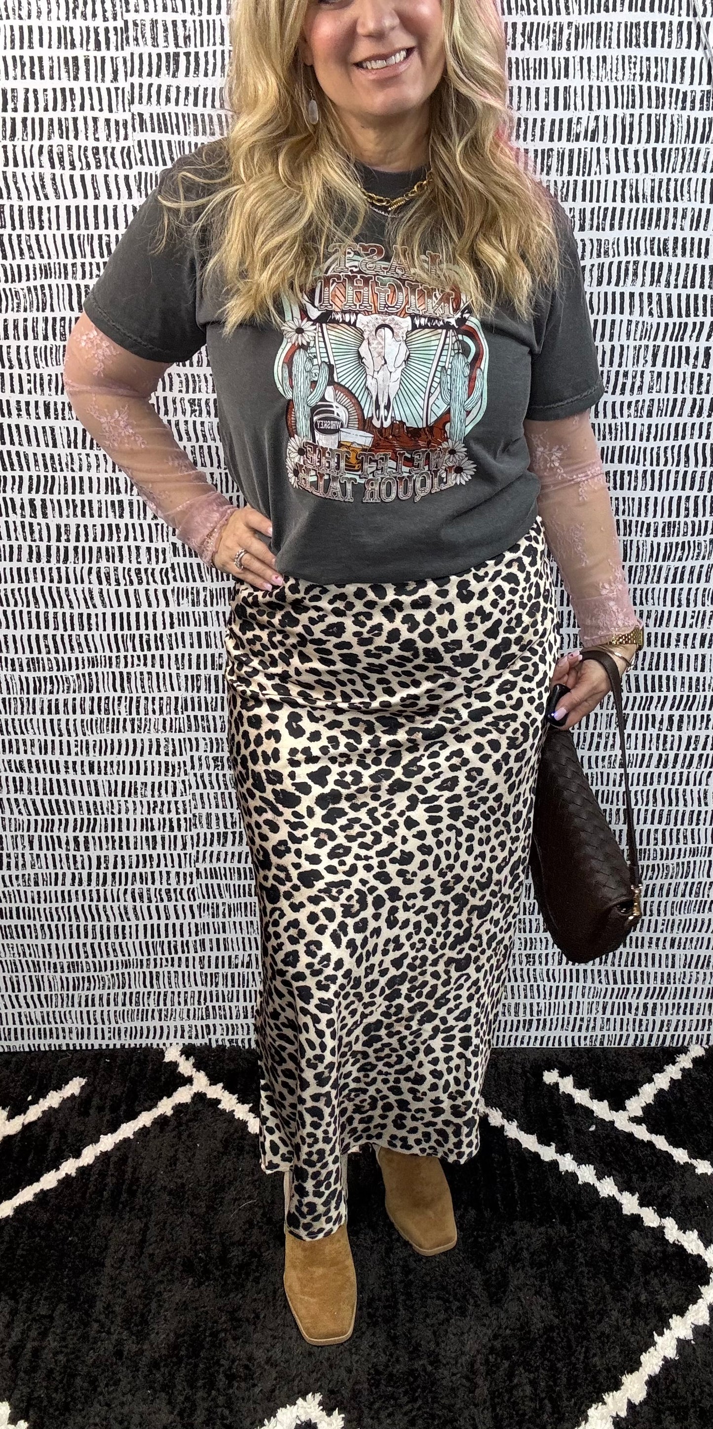 Leopard Satin Effect Midi Skirt w/ Lining