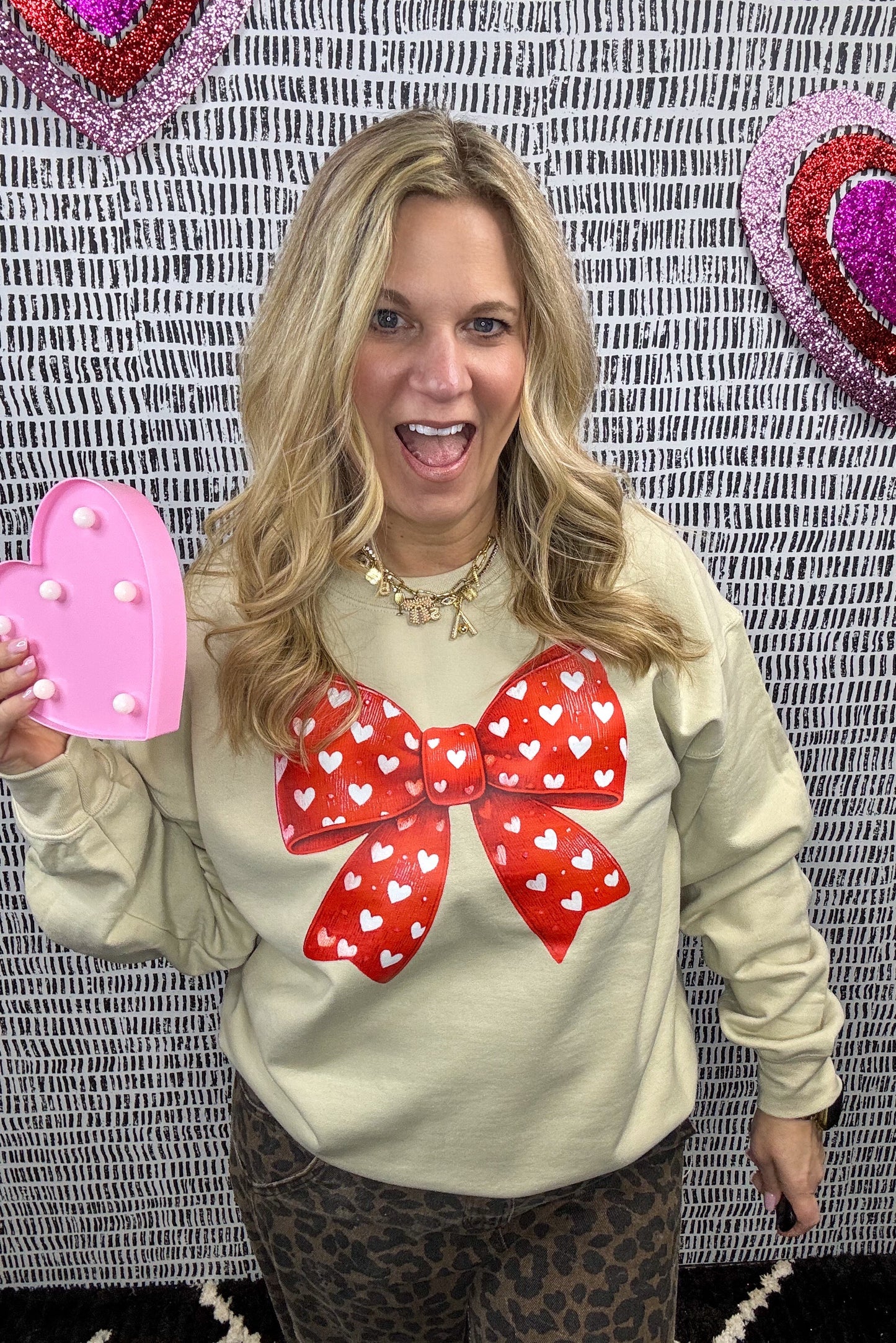 Red Bow White Hearts Tan Sweatshirt