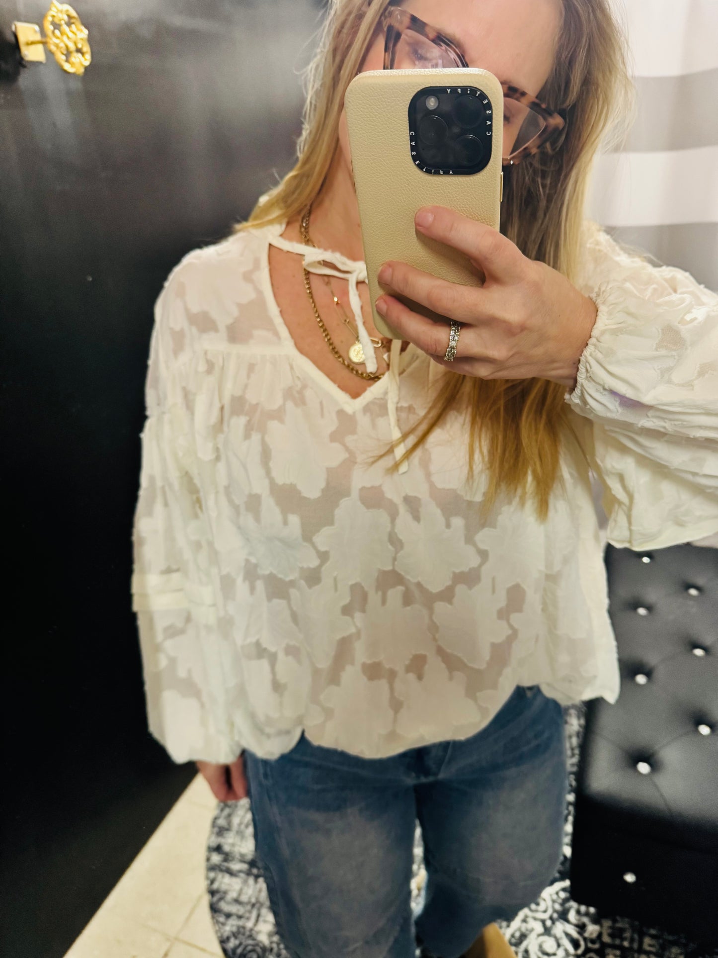 Ruffled Floral Jacquard Blouse