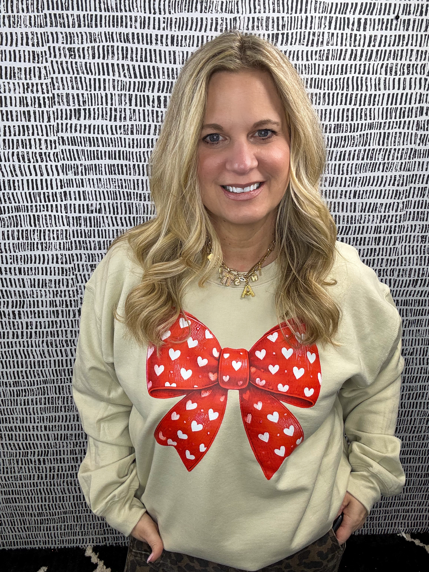 Red Bow White Hearts Tan Sweatshirt