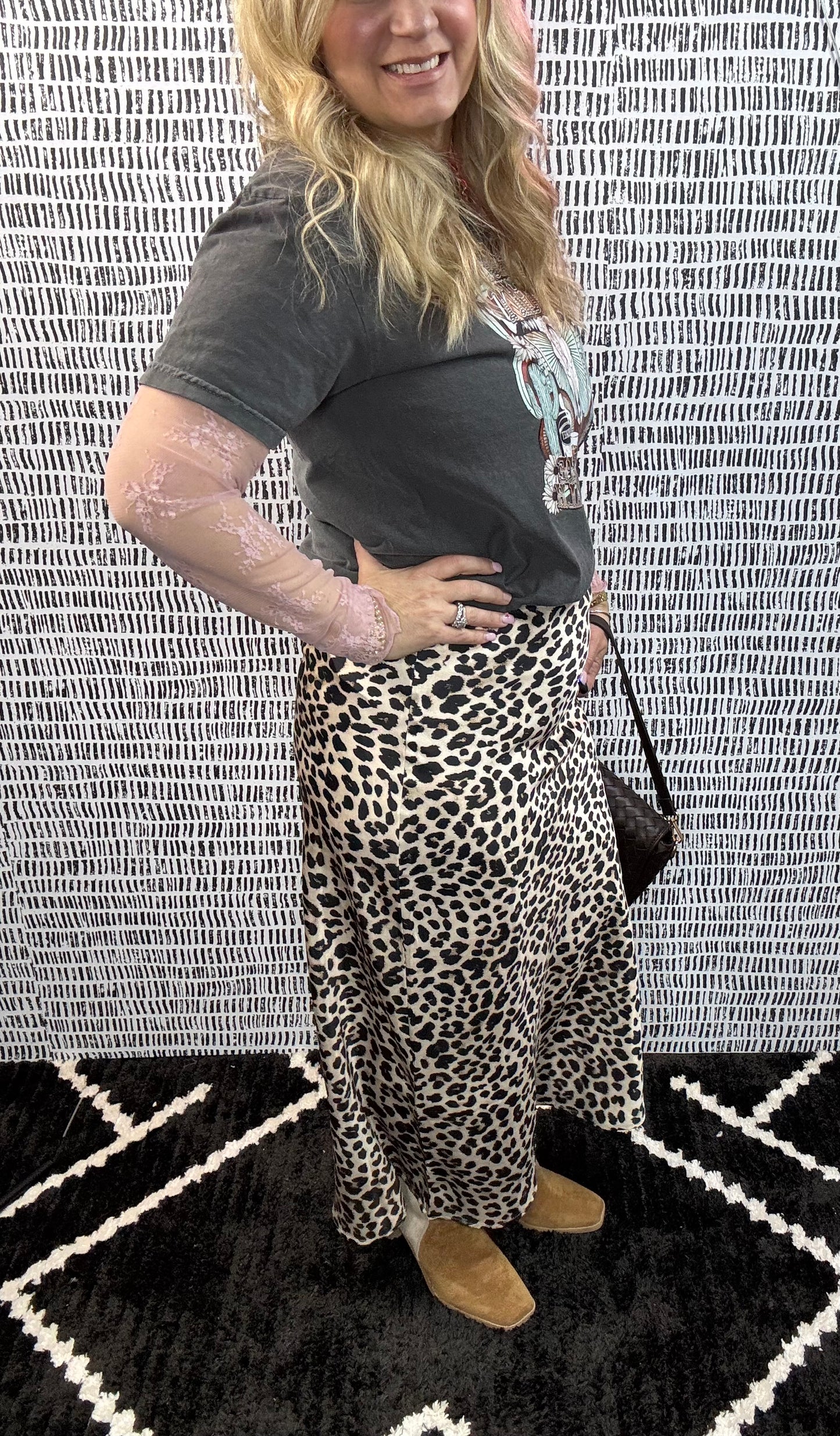 Leopard Satin Effect Midi Skirt w/ Lining
