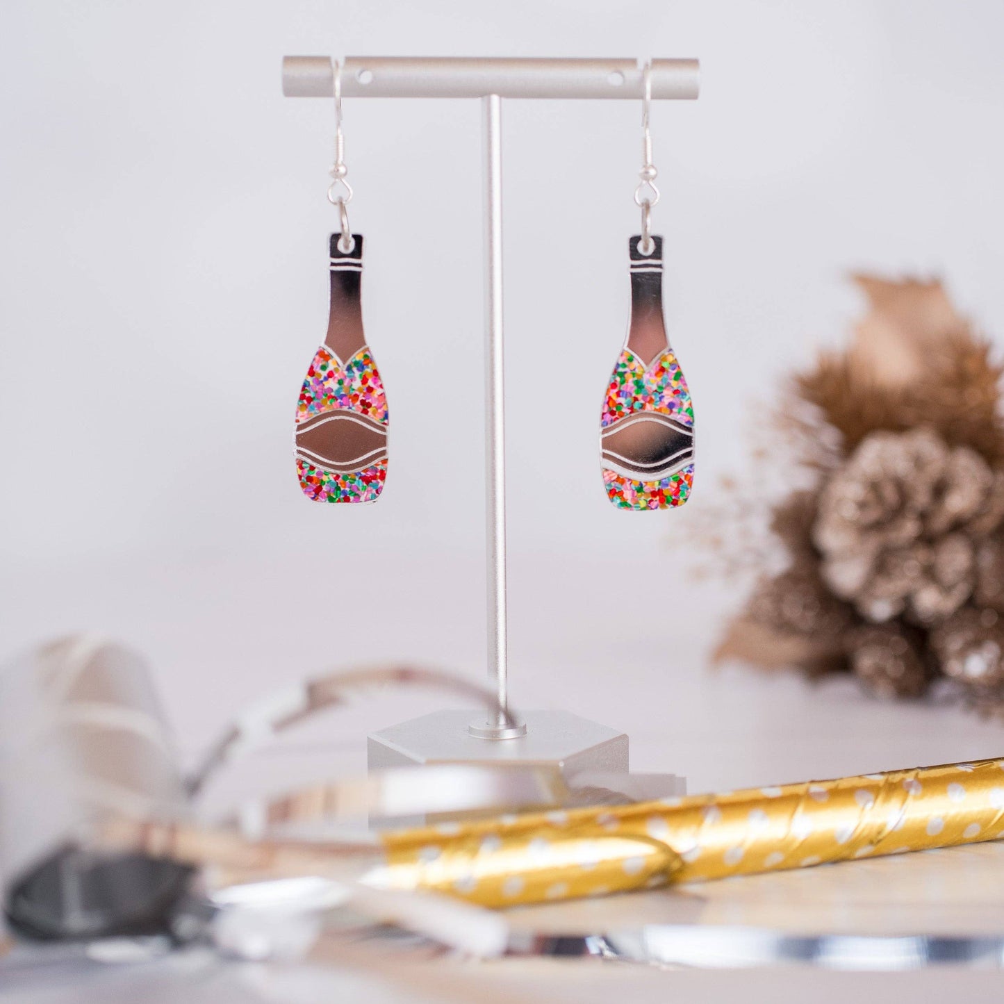 Pink Confetti Champagne Bottle Earrings