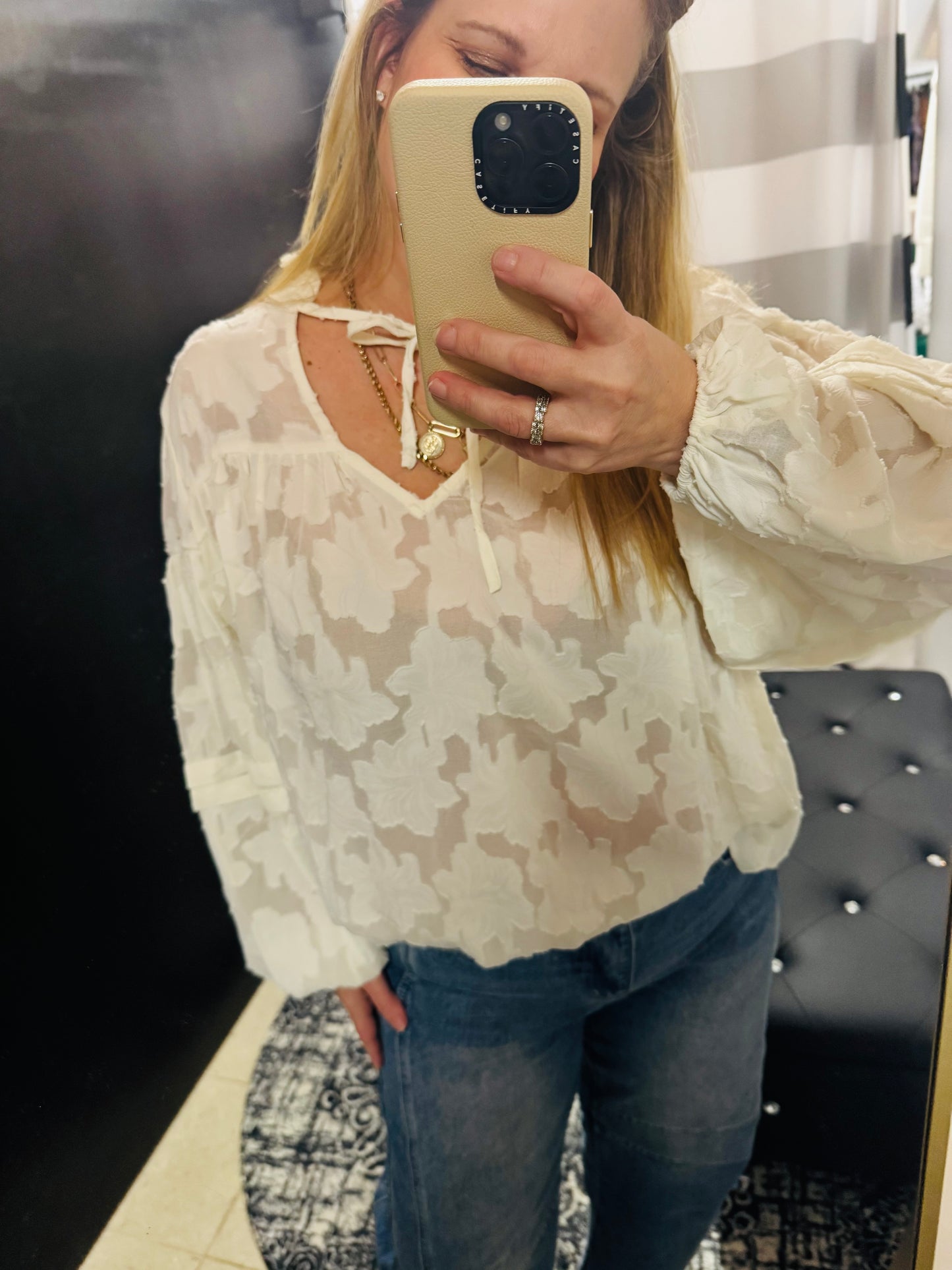 Ruffled Floral Jacquard Blouse