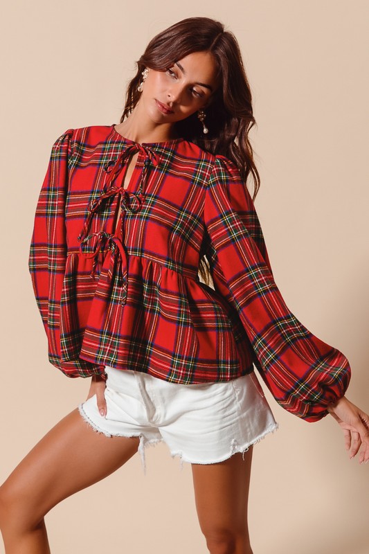 Front Tie Xmas Plaid Blouse