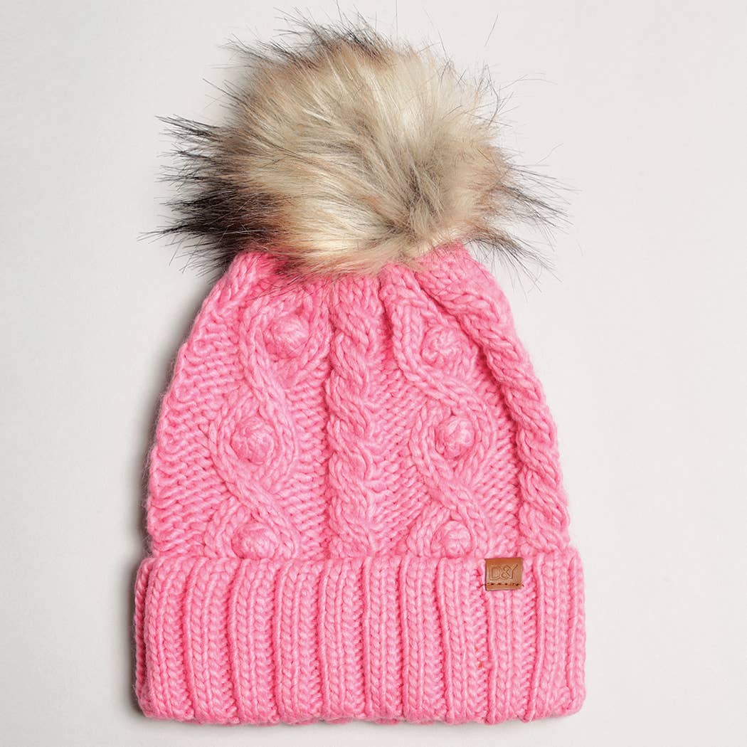 Popcorn Trim Knit Beanie w/ Faux Fur Pom