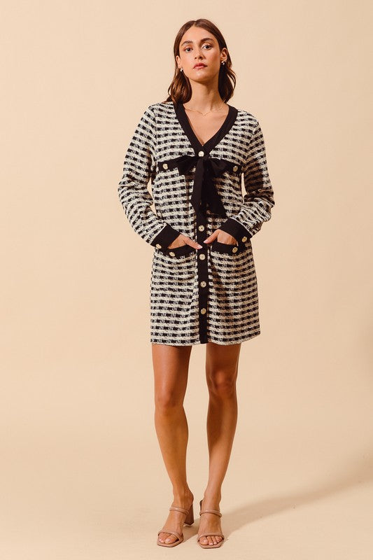 Ribbon Plaid Tweed Button Dress