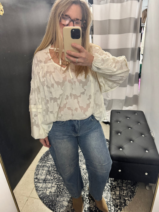 Ruffled Floral Jacquard Blouse
