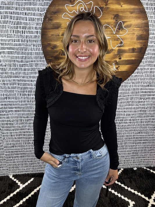 Shoulder Ruffle Accent LS Top