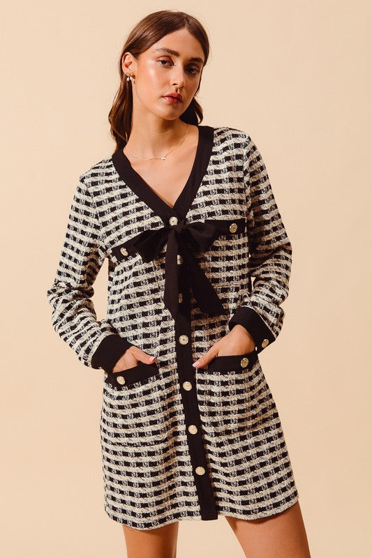 Ribbon Plaid Tweed Button Dress
