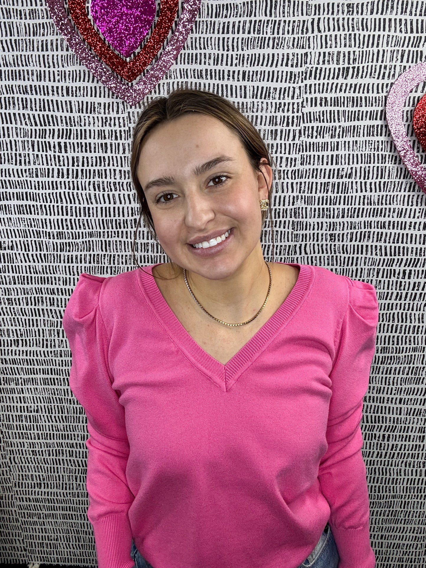 V-Neck Puff Slv Knit Sweater