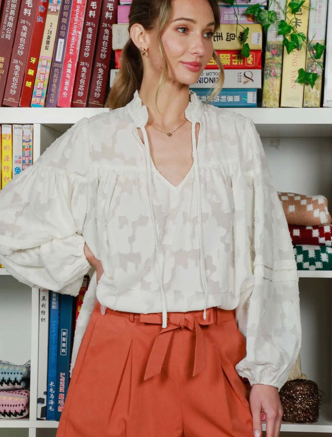 Ruffled Floral Jacquard Blouse