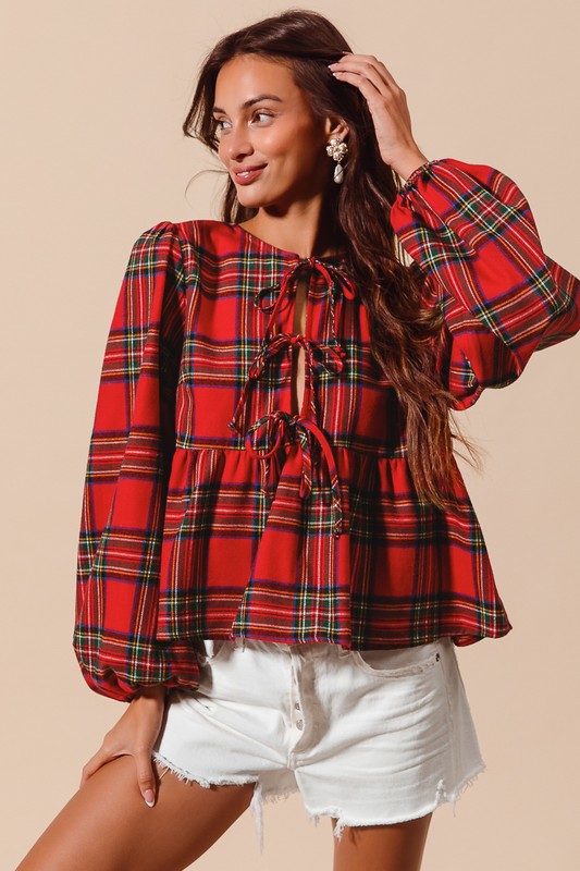 Front Tie Xmas Plaid Blouse