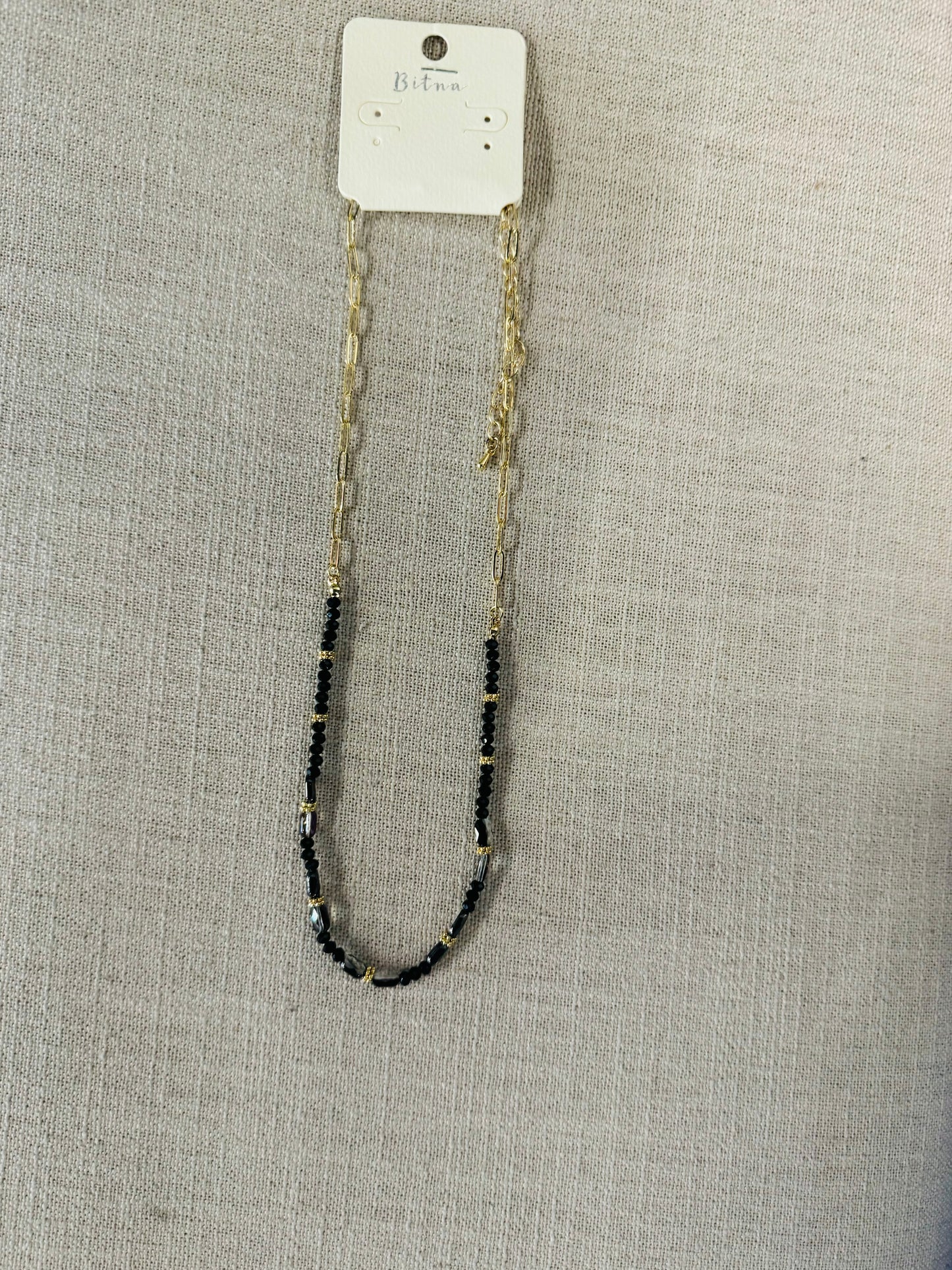 Gold Mini Paperclip Necklace w/ Black beads