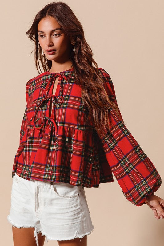 Front Tie Xmas Plaid Blouse